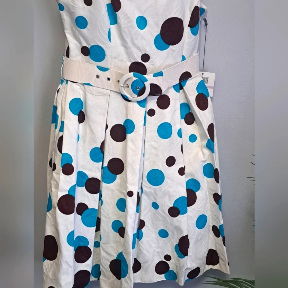 Muse White Dress Turquoise Brown Polka Dots Matching Belt Size 6 - Picture 7 of 8
